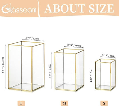 Glasseam Glass Hurricane Candle Holder: Set of 3 Gold Square Candle Holders for Pillar Candles Large for Table Centerpiece Wedding Christmas Decorative
