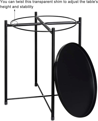 HollyHOME Round Metal Side Table, Outdoor Small Folding Accent Stand with Removable Tray, 17.72'' Portable End Table for Balconies, Gardens, Living Rooms and Bedrooms, Black