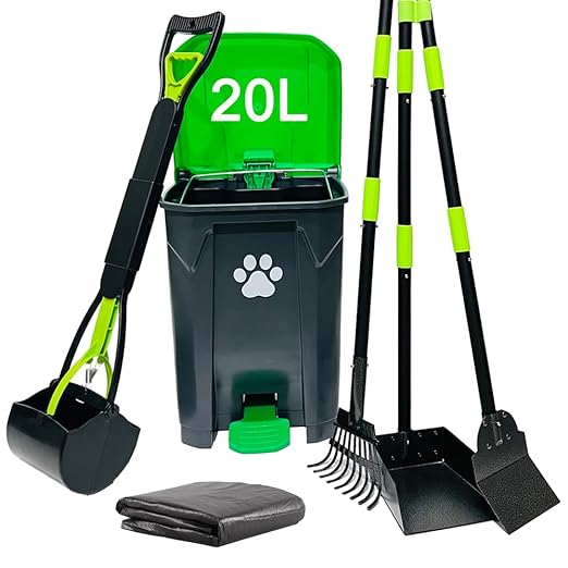 20L/5Gallon Dog Poop Trash Can Outside with Pooper Scooper & 50 Waste Bags- Outdoor Dog Poop Trash Can with Lid, Foot Pedal and Removable Inner Bin Waterproof and Odor Control-Mewly Pet