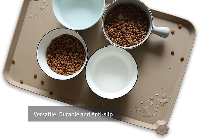 Hoki Found L Silicone Non Slip Pet Dog Cat Bowl Mats - Placemat - Feeding Mat - Waterproof - For Carpet - Tan-Mewly Pet