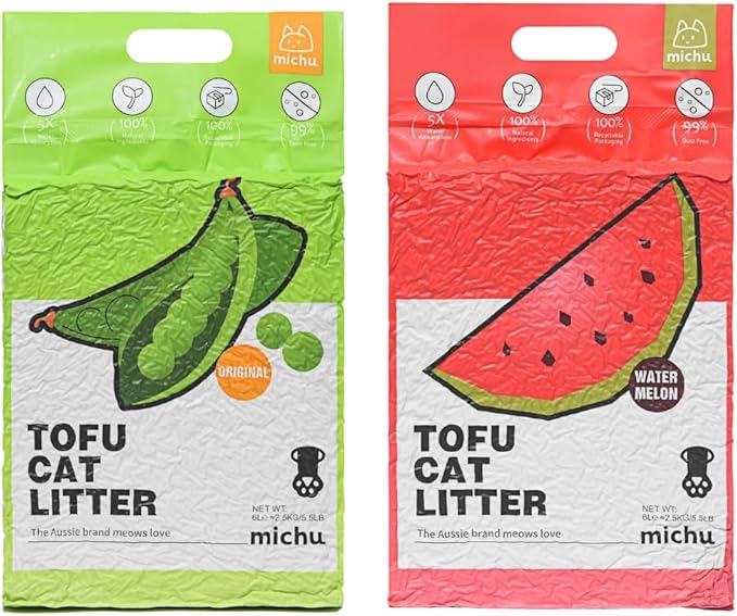 Tofu Cat Litter Natural Clumping Tofu Cat Litter, Fast Clumping and Easily Scoop-able 5.5lb/88oz 5 Scents - Original + Watermelon, 2 Pack-Mewly Pet