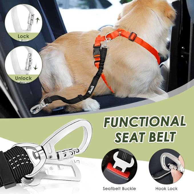SlowTon Dog Seat Belt Harness for Car, Dog Car Harness Adjustable Mesh Breathable & Dog Seatbelt Safety Tether with Elastic Bungee for Small Medium Large Pets(Orange, Double Clip, XS)-Mewly Pet
