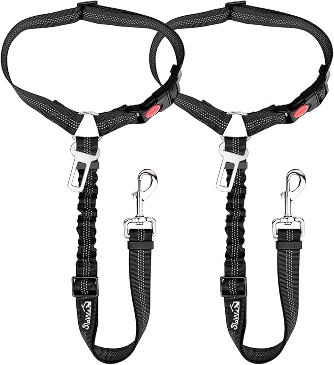 SlowTon Dog Seat Belt for Car, 2 Pack Dog Car Harness Seatbelt Adjustable with Elastic Bungee Buffer, 2 in 1 Pet Car Leash Headrest Restraint Dog Reflective Safety Tether (Black, Headrest+Clip)-Mewly Pet
