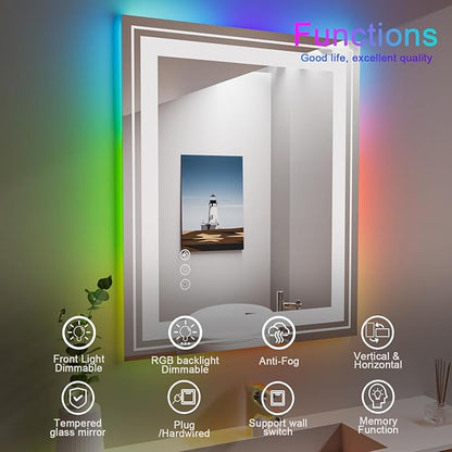 LED Mirror for Bathroom, 30"X36" with 8 RGB Backlit +3 Front Lit (Adjustable Individually), Anti-Fog, Lighted Bathroom Vanity Mirror for Wall, Shatterproof, Memory Function, Tempered Glass