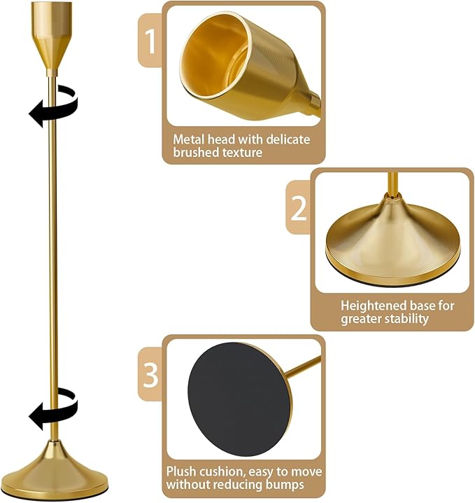 Brass Gold Metal Taper Candle Holder, Vintage Candlestick Holders, Candle Sticks Holder Decor for Wedding Wedding, Dinning, Party, Fits 3/4 inch Thick Candle&Led Candles (Set of 12 Pcs)