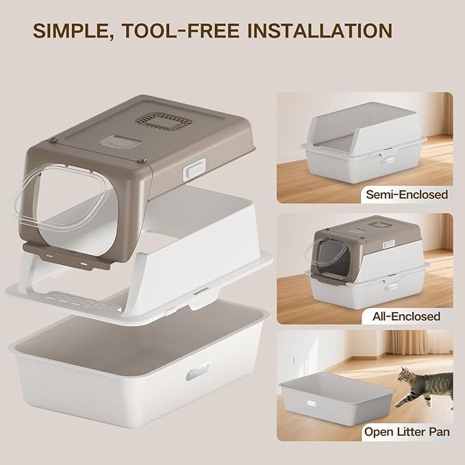 Stainless Steel Cat Litter Box with Lid, XX-Large Extra Large Litter Boxes for Large Cats,Enclosed Removable Metal Kitty Litter Box with High Sided,Magnetic Door,40L Box, Litter Trap Step/Mat-Mewly Pet