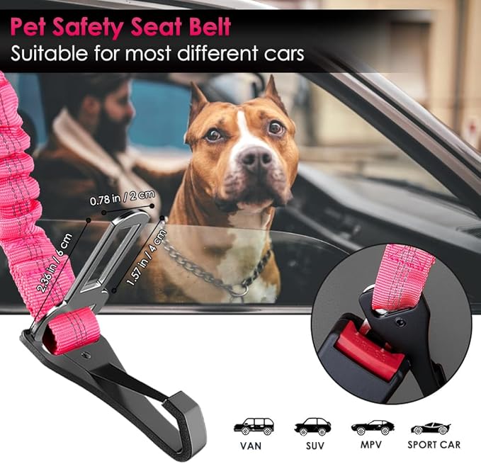SlowTon 2 Pack Dog Seat Belt, 2 in 1 Attachment, Hook Latch Bar or Seatbelt Buckle with Elastic Nylon Bungee Buffer Adjustable Reflective Nylon Safety Belt Tether Connect to Dog Harness (2pack-FL)-Mewly Pet