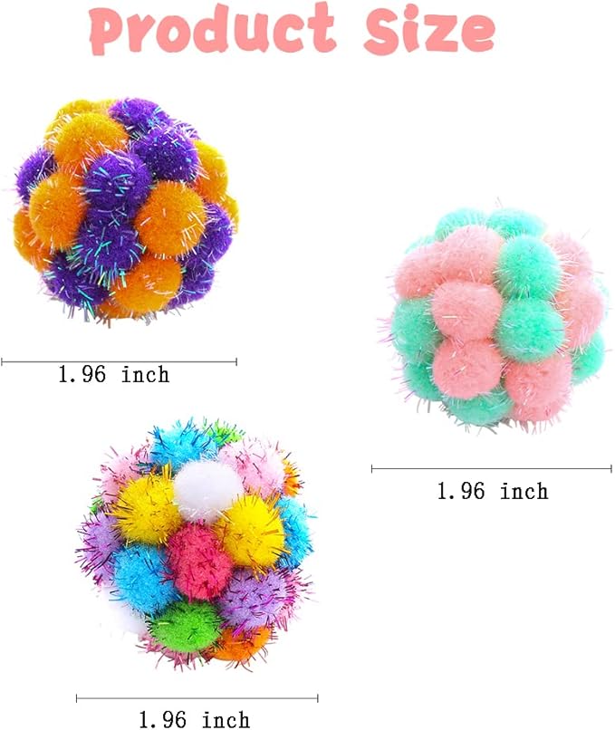TUSATIY Cat Toys Ball with Bells 3PCS, Color Cat Pom Pom Balls,Tinsel Sparkle Balls,Interactive Toy for Indoor Cats Kitten-Mewly Pet