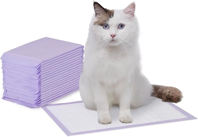 Amazon Basics Cat Litters Pee Pads, 20 Count, Universal Fit for Litter Box, Odor Control with Lemon Scent, Purple and White-Mewly Pet