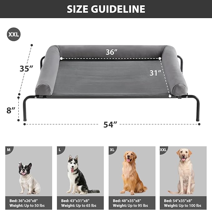 RRPETHOME Large Elevated Cooling Dog Bed, Raised Dog Cot Beds for Large Dogs, Elevated Outdoor Pet Cot, Chew Proof Portable Cooling Pet Cot with Skid-Resistant Feet and Breathable Mesh-Mewly Pet