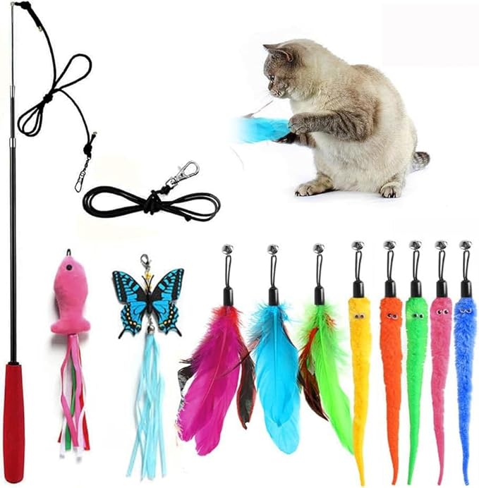 Retractable Cat Toy Wand, 12 Packs Interactive Cat Feather Toys, 9 Assorted Teaser Refills with Bell for Kitten (Pink)-Mewly Pet