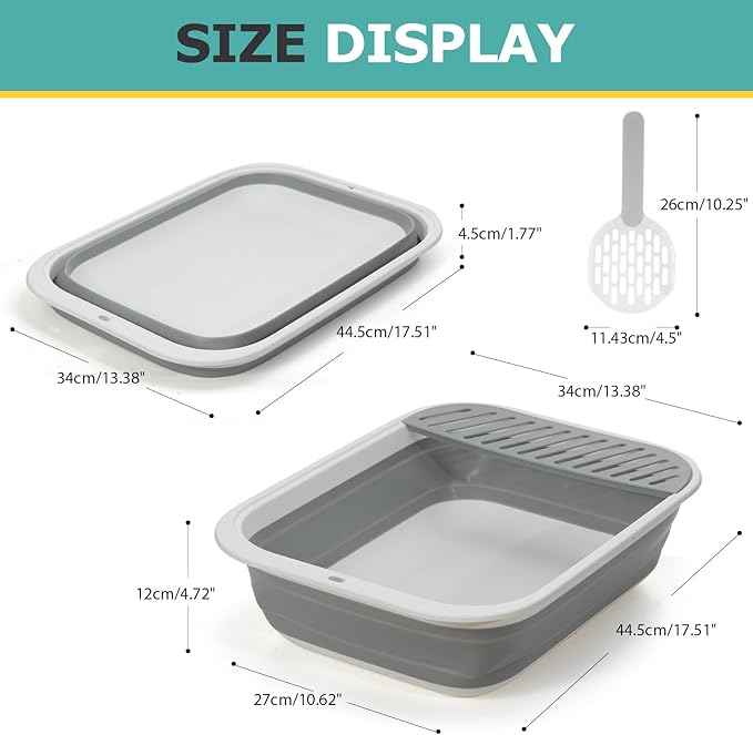 Foldable Cat Litter Box, Large Height-Adjustable Anti-Splash Open Air Kitty Litter Pan, Easy Clean with Scoop (Gray)-Mewly Pet