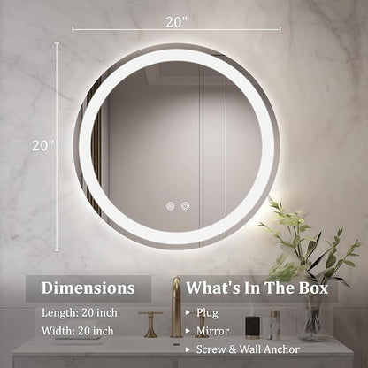 WallBeyond LED Bathroom Mirror with Lights, 20'' Round Light Up Bathroom Mirror for Wall with Front and Backlit, Anti Fog Led Mirror for Bathroom, 3 Colors and Dimmable Light