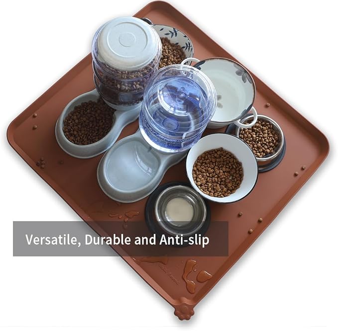 Hoki Found XX-Large Silicone Pet Food Mats Tray - Non Slip Pet Dog Cat Bowl Mats Placemat - Dog Pet Cat Feeding Mat - Waterproof Dog Cat Food Mats -Pet Water Mats for Carpet - Caramel-Mewly Pet