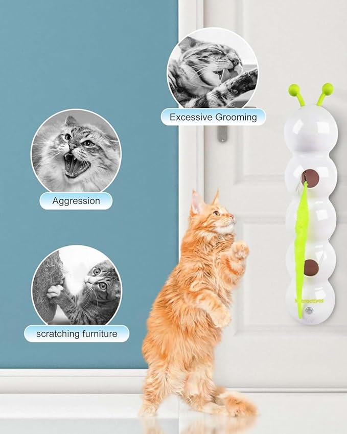 Interactive Caterpillar Cat Toy, Motion Sensor, Simulation of Biological Trajectory, ABS, USB Rechargeable, Stable Suction Cup, Cat Feather Toys for Indoor Cats, Caterpillar Smart Toy with 2 Tails-Mewly Pet