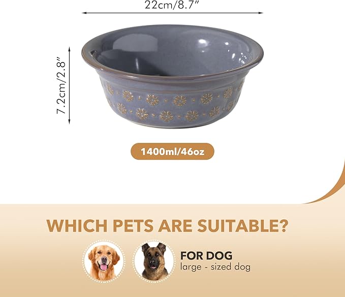 Ceramic 8.7inch Dog Bowl for Large Dog, Basic Food and Water Bowl for Replacement, Wide Opening Rounded Edge(Single Bowls, Reactived Glaze -Grey)-Mewly Pet