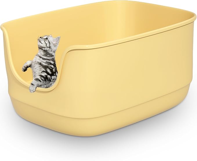 Gefryco Large Cat Litter Box with High Sided 24.6"x18.3"x12.2" - Jumbo Extra Large Open Anti - Splashing High Wall for Multiple Cats (Yellow)-Mewly Pet