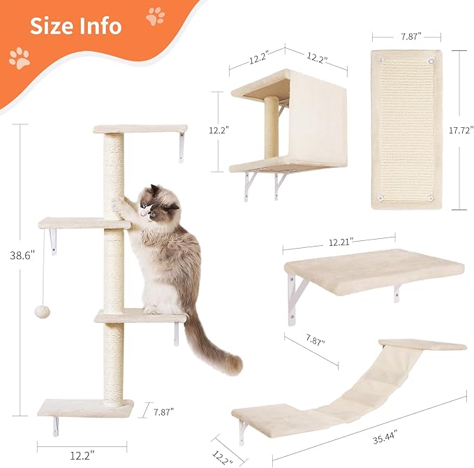 Modern Wall-Mounted Cat Furniture - 5pcs Cat Wall Shelves, Wooden Climber Includes House, Bridge, Tree, Steps, and Scratcher-Mewly Pet
