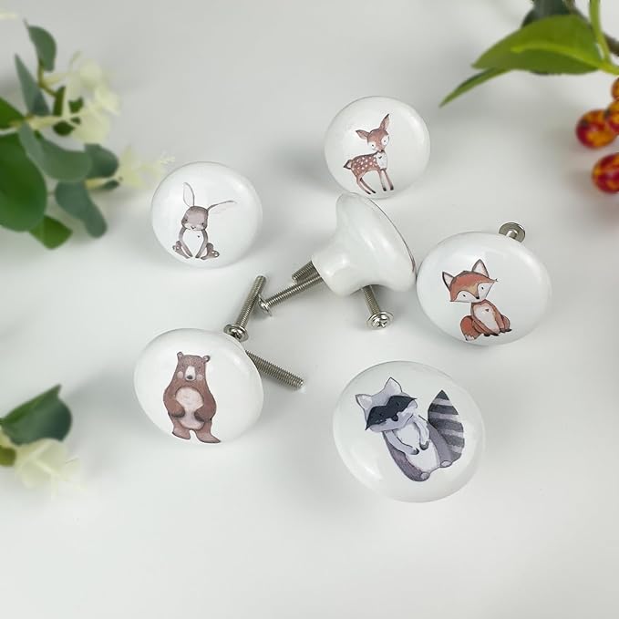 6pcs 1.5" 6 Pack Cute Nursery Kids Animals Ceramics Dresser Drawer Pulls Unique Decorative Cabinet Knobs (Rabbit)