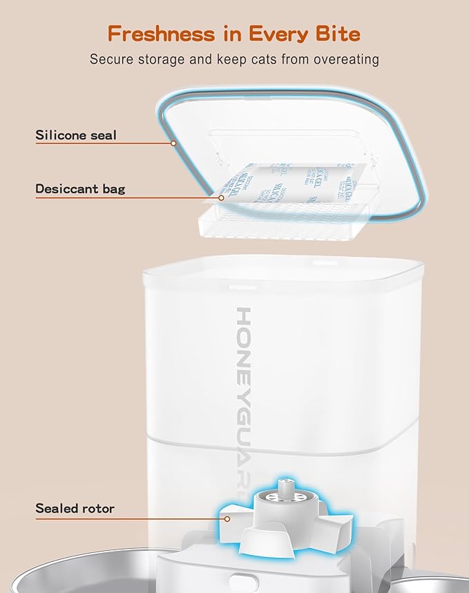 HoneyGuaridan Automatic Cat Feeder for Two,3.5L Cat Food Dispenser with Stainless Steel Bowl,Timed Feeder Programmable 1-6 Meals Control, Dual Power Supply,Desiccant Bag,10s Meal Call-Mewly Pet