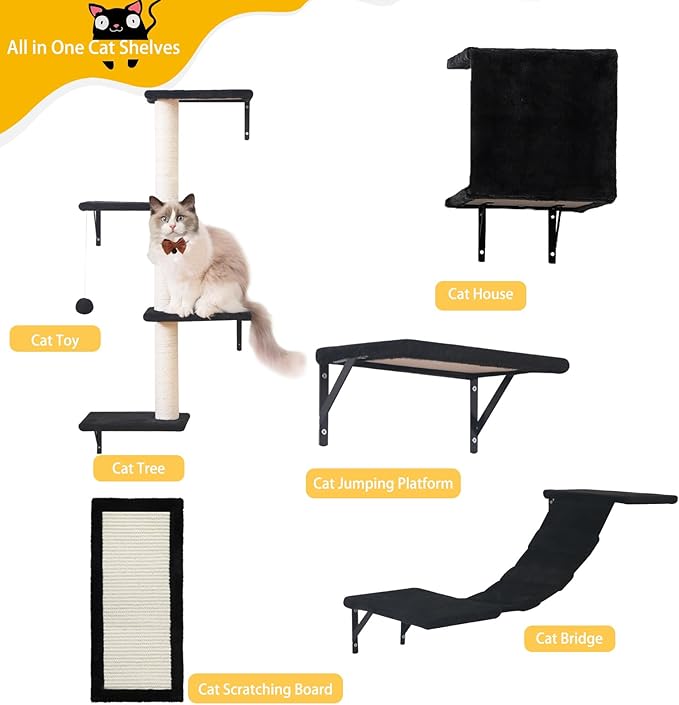 Modern Wall-Mounted Cat Furniture - 5pcs Cat Wall Shelves, Wooden Climber Includes House, Bridge, Tree, Steps, and Scratcher (Black)-Mewly Pet