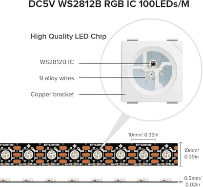 SEZO WS2812B LED Strip Light 3.3FT 100LEDs DC5V Individual Addressable LED Strip SMD5050 RGB 100Pixel Dream Color Programmable LED Light Strip Flexible IP30 Non-Waterproof Black PCB
