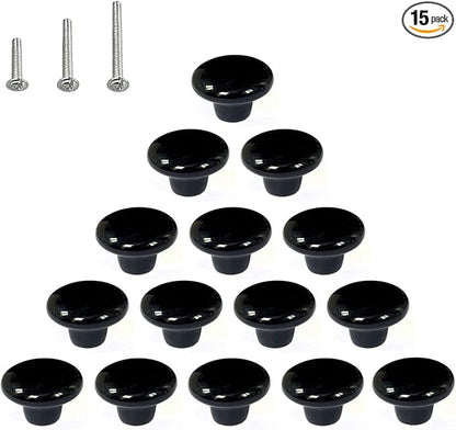 HUAMULAN 15PCS Black Glossy Ceramic Knobs Round Cabinet Dresser Pulls Door Handles Cupboard Wardrobe Drawer, Dia. 1.5 inch 38mm