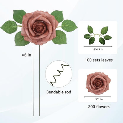 JOYLEX Artificial Flowers Realistic Roses, Real Looking Fake Roses with Stem for DIY Wedding Bouquets Centerpieces Bridal Shower Party Home Romantic Decorations (Warm Taupe, Regular 3" - 200pcs)