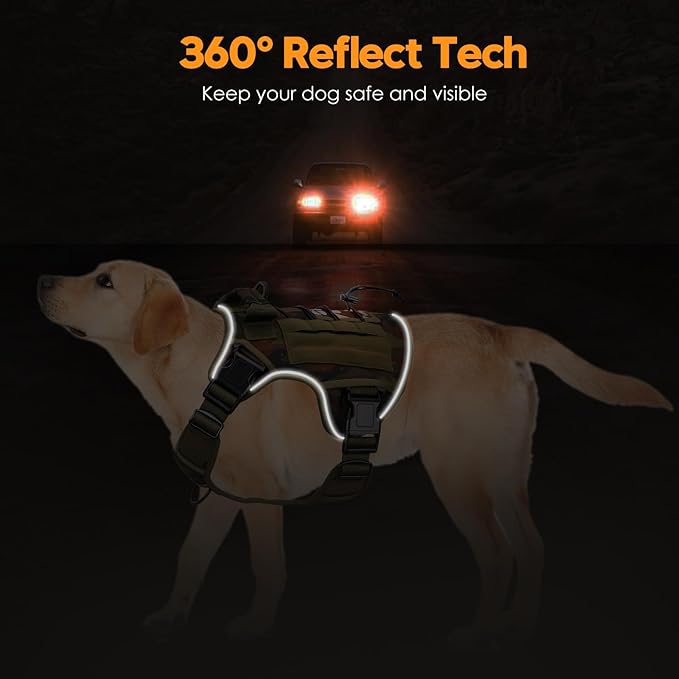 Heavy-Duty Tactical Dog Harness for Large Dogs, No Pull Adjustable Reflective Pet Vest with Molle System, K9 Military-Grade Control for Service Training, Outdoor & 10+ Breeds, Green Camo, X-Large-Mewly Pet