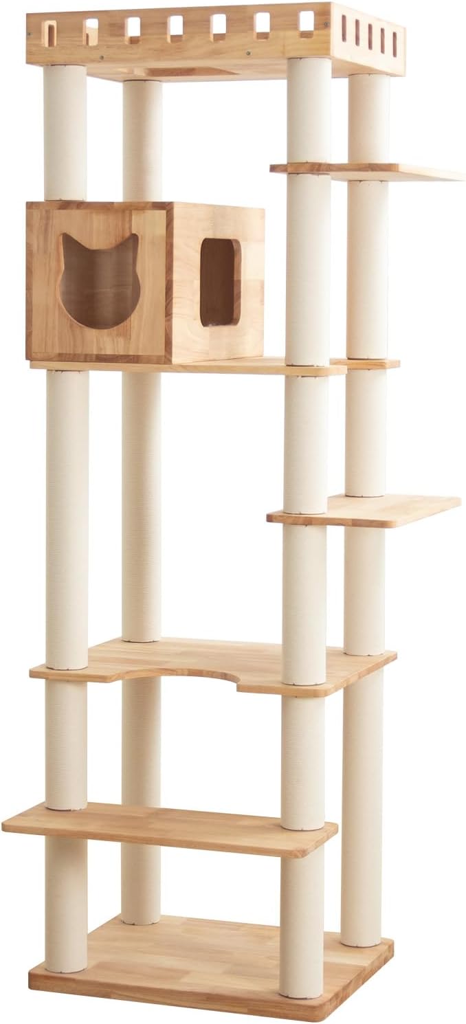 74" Wooden Cat Tree Tower for Large Cats, Multi-Level Cat Climbing Furniture with Scratching Posts, Cat Condo & Hammock, Natural Wood Cat Activity Center (White)-Mewly Pet
