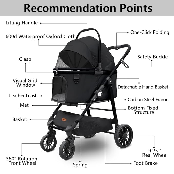Dog Cat Stroller, Foldable 4 Wheels Dog Stroller for Small Medium Dogs 20 lbs,Pet Strollers for Large Dogs 50lbs, Stable Anti-Shock Detachble Carrier,with 360°Swiveling Front Wheel forTravel-Mewly Pet
