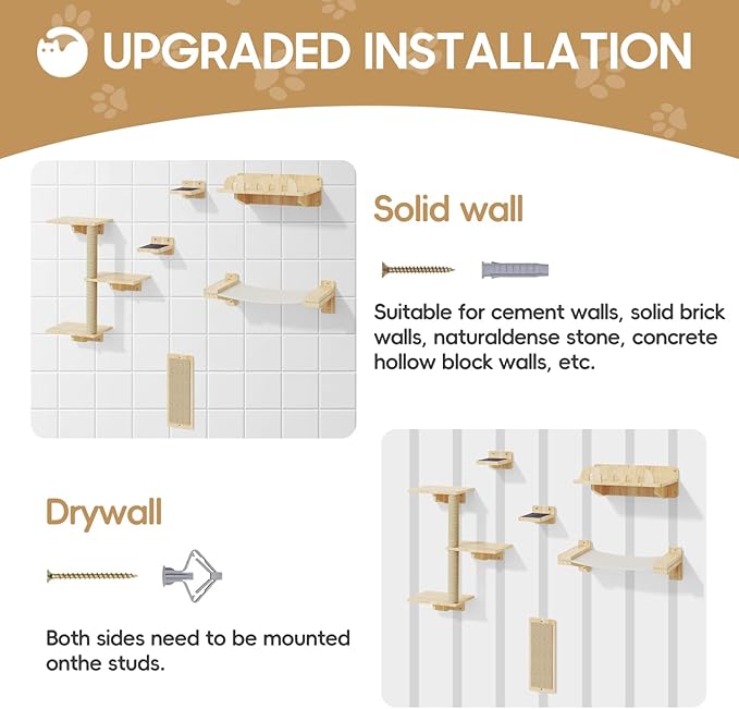 Cat Wall Shelves, Set of 6 Wooden Cat Wall Furniture Includes Scratching Post with 3 Steps, Jumping Platform, Hammock and Scratcher Board for Kittens-Mewly Pet