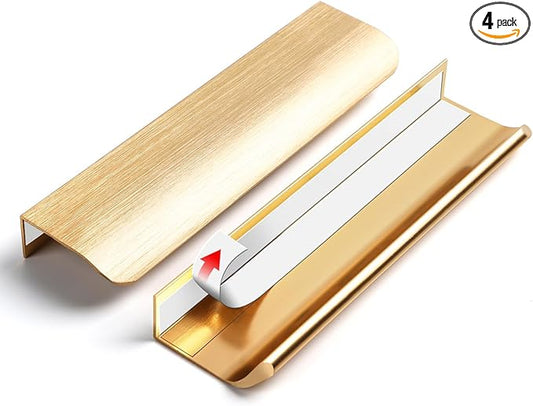 5 Pack 6 inch self Adhesive Cabinet pulls Adhesive Cabinet Handles Gold Drawer pulls Stick on Handles for Finger pulls for Concealed Edge Seam Flat Drawer