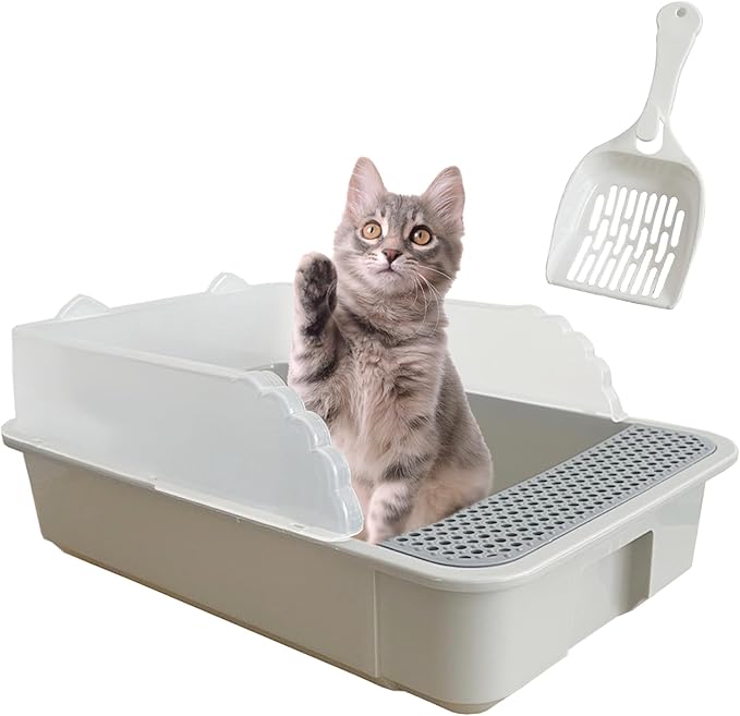 kathson Open Small Cat Litter Box with High Side,Anti-Splashing Kitten Litter Pan,Semi-Enclosed Removable Kitty Cat Toilet with Litter Sifting Scoop for Boxes Easy to Clean No Odor-Grey-Mewly Pet