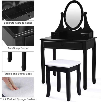 Giantex Vanity Set with Oval Mirror and Cushioned Stool, Makeup Dressing Table with 3 Drawers, Modern Bathroom Bedroom Makeup Organizer Vanity Table for Women Girls Gifts (Black)