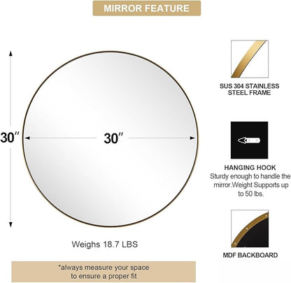 ANDY STAR Round Gold Mirror 30 inch, Brass Mirror with Brushed Gold Frame, Wall Mounted Stainless Steel Metal Frame Round Mirror for Bathroom, Living Room, Bedroom