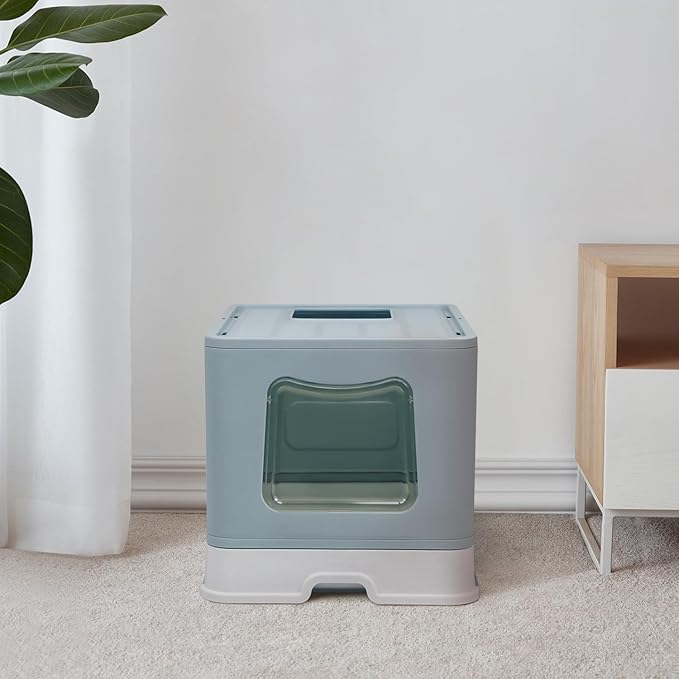 XL Foldable Cat Litter Box with Lid - Jumbo Enclosed Potty - Top Entry Anti-Splashing Toilet - Includes Scoop & 2-in-1 Cleaning Brush (Blue-Mewly Pet