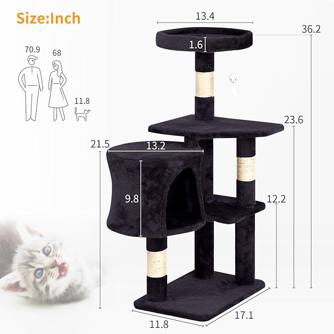 BestPet Cat Tree 36 inch Tall Scratching Toy Activity Centre Cat Tower Cat Condo Multi-Level Furniture Scratching Posts for Indoor Cats,Dark Gray-Mewly Pet