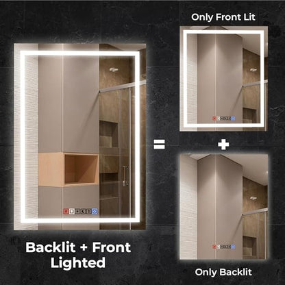 Fab Glass and Mirror Anti-Fog Dimmable Backlit and Front lit LED Bathroom Wall Mirror with Memory Function Rectangular Frameless LED Mirror 30L X 20W Clear