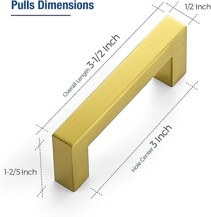 JOY DECOR 12 Pack Cabinet Handles, Gold Cabinet Pulls, 3 Inch Kitchen Closet Handles Square Drawer Pulls Stainless Steel Drawer Hardware, 76mm Hole Centers