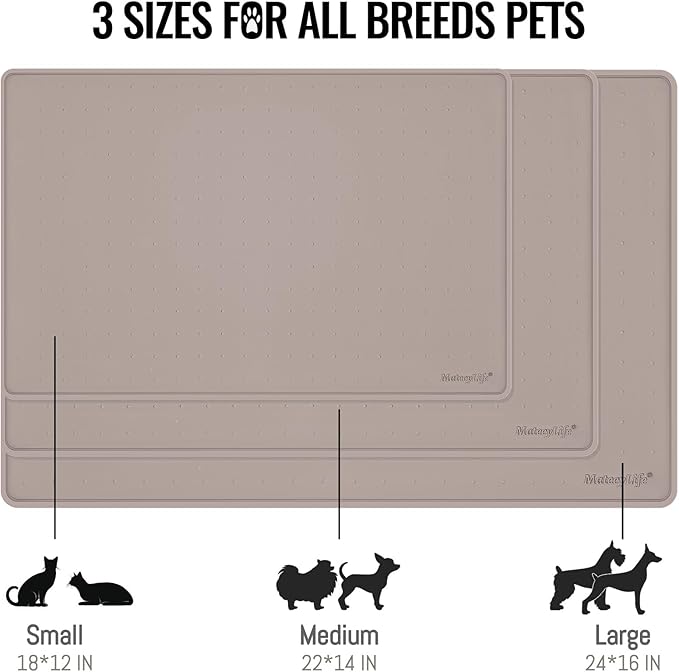 MateeyLife Dog & Cat Food Water Mat for Floors Waterproof, Nonslip Pets Bowl Feeding Mats with Raised Edges, Silicone Matt Tray for Messy Drinkers, 24"x16", Taupe-Mewly Pet
