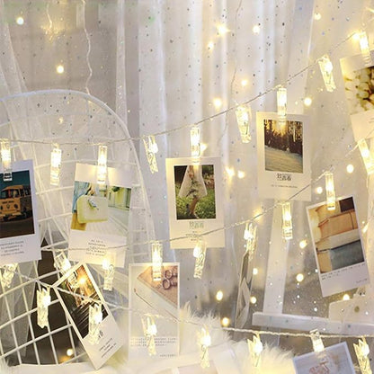 Dopheuor LED Photo Clip Copper String Lights Starry Fairy Warm White Lights Battery Powered for Hang Pictures Cards Bedroom Wall Decorations Christmas Patio Halloween Thanksgiving Wedding Party Décor
