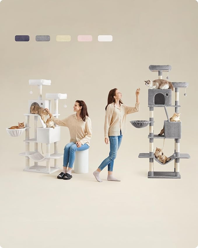 Feandrea Cat Tree, 81.1-Inch Large Cat Tower with 13 Scratching Posts, 2 Perches, 2 Caves, Basket, Hammock, Pompoms, Multi-Level Plush Cat Condo for Indoor Cats, Cream White UPCT190T01-Mewly Pet