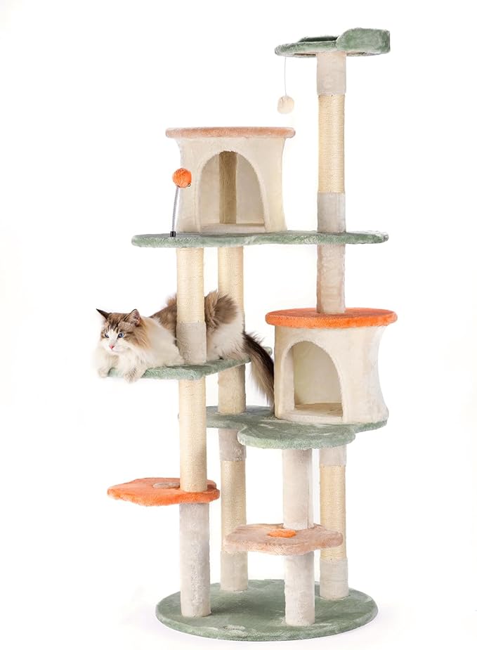 HYABi 63-inch Cat Tree for Large Cats, Multi-Level Flower Tower with Condo, Sisal Scratching Posts & Toy Balls, Sturdy & Safe Indoor Playhouse-Mewly Pet