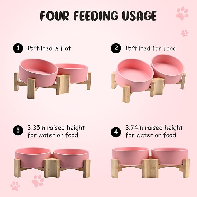 SPUNKYJUNKY 15° Slanted Ceramic Dog and Cat Bowl with Wooden Stand, Tilted Bulldog Food and Water Bowl No Slip Non-Spill for Cats Medium Dogs Big Face Pets 13.5 OZ (1.7 Cups, Pink × 2)-Mewly Pet