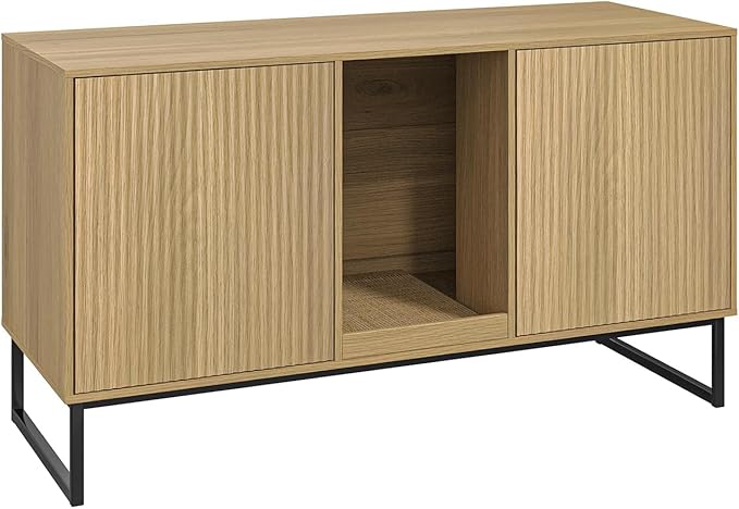 Litter Box Enclosure for 2 Cats, Fluted Hidden Cat Litter Box Furniture with Scratch Pad and Metal Legs, Modern Double Room Kitty House for Living Room, Washroom, 47.2”L x 17.7”W x 25.9”H, Natural-Mewly Pet