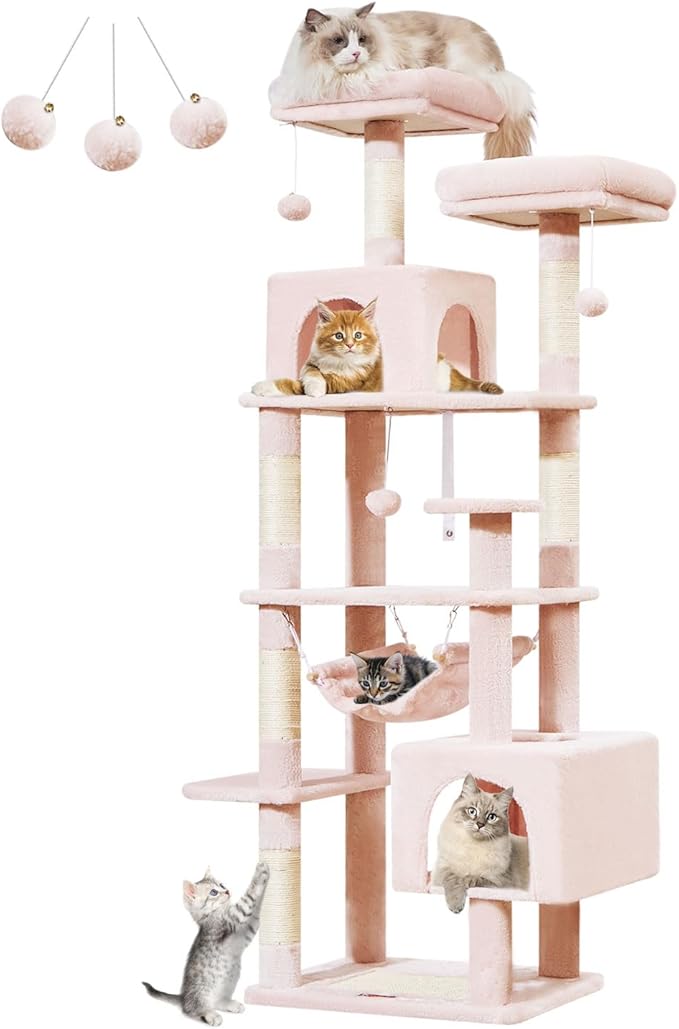 Taoqimiao Cat Tree, 68-Inch Cat Tree Cat Tower for Indoor Cats, Plush Multi-Level Cat Condo with 6 Scratching Posts, 2 Perches, 2 Caves,Hammock, 3 Pompoms,MS020SP Jelly Pink-Mewly Pet