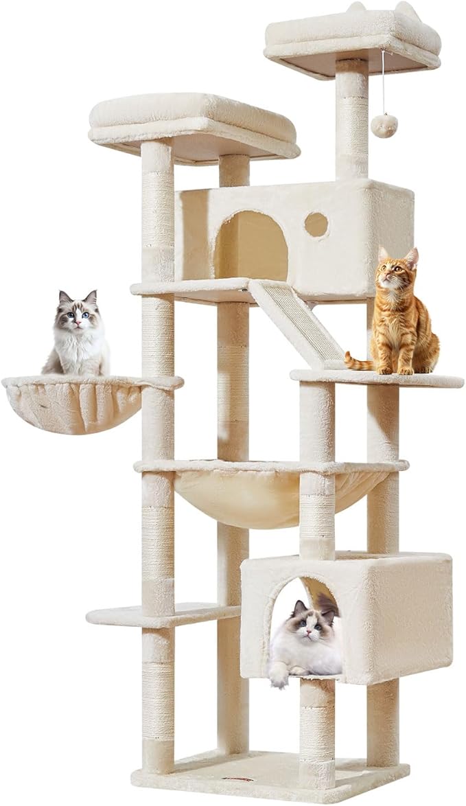 Taoqimiao Cat Tree 71-Inch, Cat Tower for Indoor Cats Large Adult, Multi-Level Large Cat Condo, 8 Sisal Scratching Posts, Metal Frame Cozy Hammock, Scratch Board, 2 Top Perches, Beige MS026LM-Mewly Pet