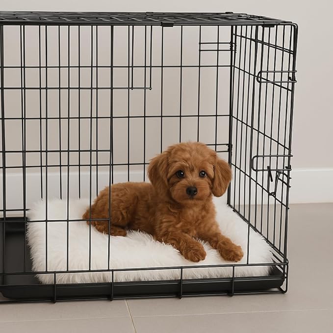 IHAPPYDOG Luxury Faux Fur Orthopedic Dog Beds, Memory Foam Crate Bed for Small, Medium, Large and XL Pets, Fluffy Pet Bed with Waterproof and Washable Cover, Fits Crates (White, 35" x 23")-Mewly Pet