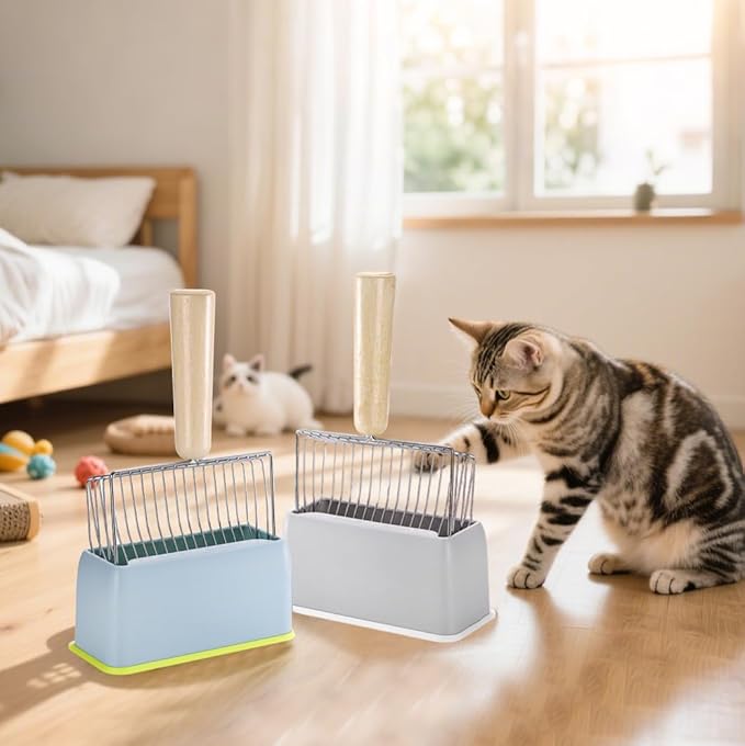 Hiceeden Set of 2 Cat Litter Scoop with Holder, Metal Kitty Litter Scoop Holder with Wooden Handle, Cat Poop Scooper for Kitten Litter Box, Fast Sifting, Gray and Blue-Mewly Pet